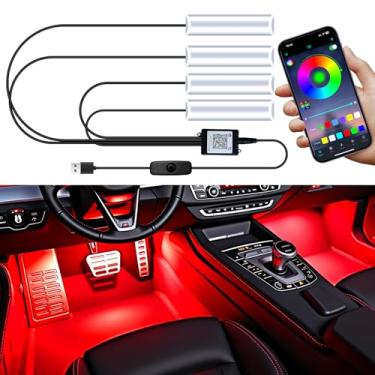 Imagem de Interior de luzes LED para carro, kit de iluminação RGB sob o painel para pés com modo DIY, luz multicolorida para carro com controle de aplicativo e controle de botão, sincronização de música USB 5V