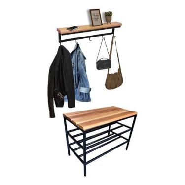 Imagem de Banco Sapateira Hall Entrada Aço Estilo Industrial e Madeira Prateleir