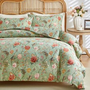 Imagem de HighBuy Conjunto de edredom verde, tamanho GG, ultramacio, botânico, floral, verde macio, para adolescentes universitários, todas as estações, hotel de luxo com abas de canto