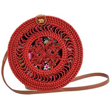 Imagem de SHAREYOIU Candy Colors Bolsas de ombro redondas de vime feitas à mão, estilo praia tropical natural chique com alça de couro, N° 3, círculo vermelho, Big，7.87x 3.2 inch