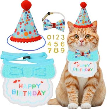 Imagem de AgoumLux Conjunto de artigos de festa de aniversário para gatos, meninas, meninos, gatos, aniversário, bandana, chapéu, números, decorações, conjunto de roupas, azul claro