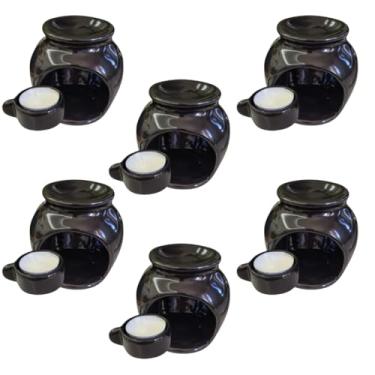 Imagem de Kit 6 Difusor Rechaud Cerâmica Bolinha com Panelinha Para Óleos Essenciais e Wax Melts Preto