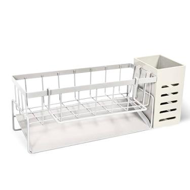 Imagem de AIWIWH Organizador de pia de aço inoxidável com suporte de escova alto, suporte de esponja para pia, organizador de dispensador de sabão de bancada de cozinha (branco, escorredor + poste + escorredor)