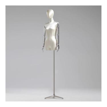 Imagem de Torso de manequim feminino de seda com suporte de metal prateado, cabeça giratória removível e braço de manequim, altura ajustável de 47 a 84 pol.(White)