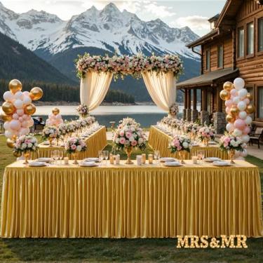 Imagem de Saia de mesa dourada escura com glitter com 5,2 m de comprimento, retangular, sem rugas, plissada, toalha de mesa para chá de bebê, casamentos, festa de aniversário, banquete, sobremesa, bolo