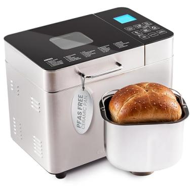 Imagem de Elite Gourmet EBM8224MM Máquina de fazer pão programável de 900 g, panela de cerâmica Ceralast sem PFAS, painel de controle de tela sensível ao toque, 19 funções, sem glúten, branco, trigo, centeio e