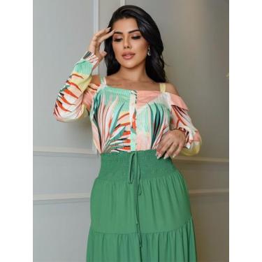 Imagem de Blusa Em Crepe Sedinha Alça e Manga Longa Estampada - NoBrand, Damasco