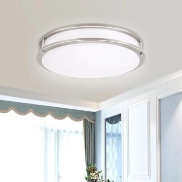Imagem de ENATECLITE Luminária de teto LED escovado de níquel escovado de anel duplo de 35,56 cm, luminária de teto de montagem embutida, super brilhante 2500LM, 26W, 5000K ETL listada, CRI80 para banheiro