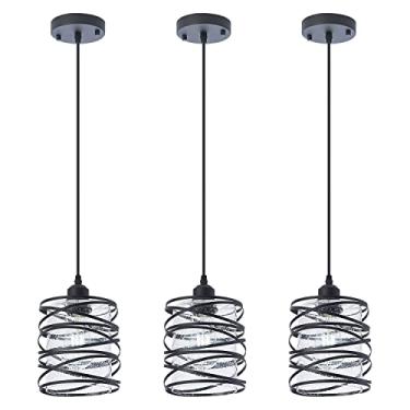 Imagem de FISGONI Mini luminária pendente moderna pacote com 3 unidades de iluminação pendente ilha cozinha 15 cm gaiola espiral preto fosco soprado à mão transparente semeado sombra de vidro cordão ajustável