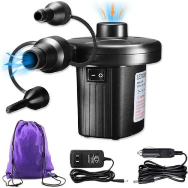 Imagem de Bomba de ar elétrica, colchão de ar portátil de 110 V CA/12 V CC, bomba inflável universal bidirecional para piscinas infláveis, colchões de ar, etc. com 3 bocais e bolsa de armazenamento