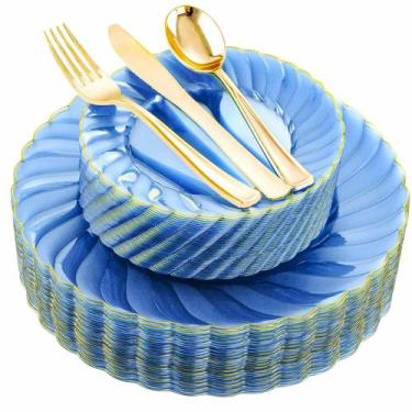 Imagem de Pratos de plástico YOUBET Clear Blue Gold Rim 125 unidades para casame