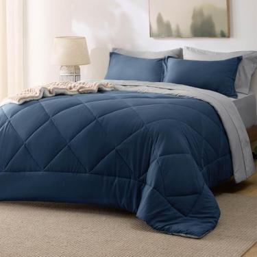 Imagem de Conjunto de roupa de cama Bedsure Navy Edredom King Size - 7 peças