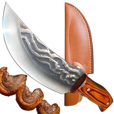 Imagem de Faca Artesanal Churrasco Picanheira Lâmina Estilo Damasco Aço Ultra Resistente Cabo de Madeira Corte Profissional Picanha Costela Frango Peito Edição Limitada