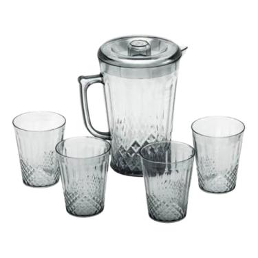 Imagem de Conjunto de Jarra 2000ml com Tampa e 4 Copos em Acrílico, Design Texturizado, Transparente, 25cm x 13cm