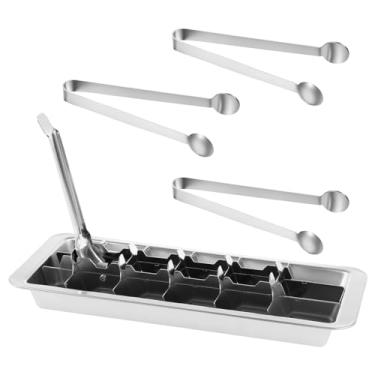 Imagem de ZJRDYYK Bandejas de gelo de aço inoxidável para freezer, bandeja de cubo de gelo feita com alça de metal com alavanca, máquina de cubos gelados com 3 pinças de gelo para cozinha e bar