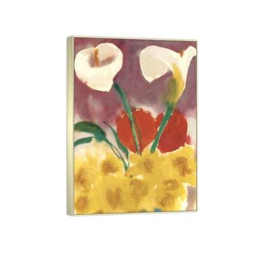 Imagem de BMZFYBS Arte de parede em tela de flores reprodução de pintura famosa - imagens de moldura prateada para sala de estar - flores brancas - pôster e impressões 50 x 70 cm 20 x 27 pol