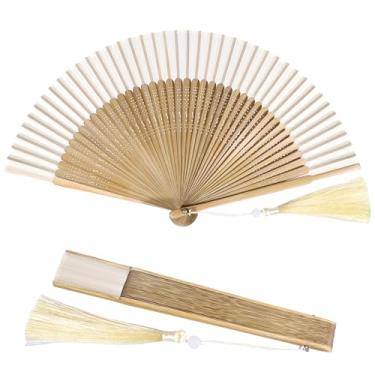 Imagem de SynHHergyx Ventilador de mão para mulheres, dobrável, bambu, seda, dobrável, leque dobrável, portátil, chinês, japonês, vintage, madeira, leques para dança, música, festival, casamento, igreja