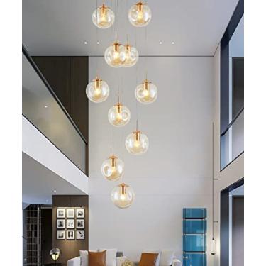 Imagem de Lustre de escada minimalista moderno com 15 luzes, luminária pendente criativa para loft, teto alto, sala de estar, design de bola de vidro champanhe, ideal para hotel, villa ou escada duple