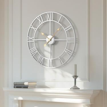 Imagem de Relógio de parede grande, 50 cm, prata decorativo, moderno relógio de parede redondo, números romanos, relógios de parede operados por bateria para sala de estar, quarto, cozinha, escritório