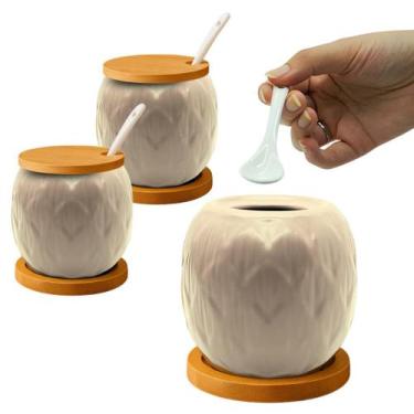 Imagem de Kit 2 Açucareiro Saleiro De Cerâmica Com Tampa De Bambu E Colher 350ml
