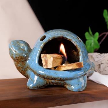 Imagem de MOUGIGI Queimador Palo Santo de cerâmica azul – Mini Chiminea, queima Palo Santo, sálvia, cones de incenso, funciona como pequeno suporte de vela para limpeza energética, ioga, meditação, Zen