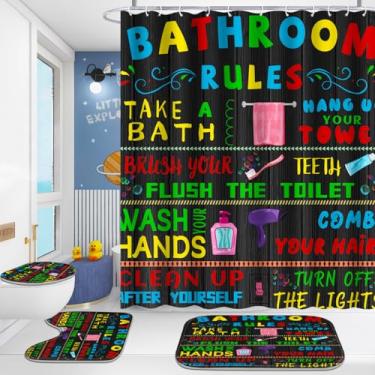 Imagem de Poedist Conjunto de 4 peças de cortina de chuveiro de banheiro, conjunto de banheiro infantil, conjuntos de cortina de chuveiro espacial com tapetes (tapete de banho, forma de U e tapete de tampa de
