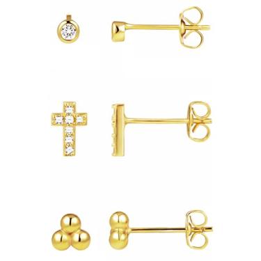 Imagem de Poxtex Brincos de ouro para mulheres, hipoalergênicos, delicados, pequenos brincos de ouro com pino de prata esterlina para orelhas sensíveis, brinco de ouro fofo de diamante de cartilagem múltipla