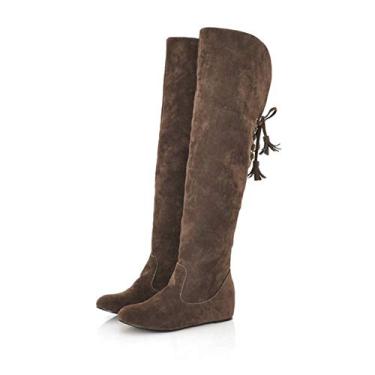 Imagem de Bigfanshu Botas femininas quentes de inverno para neve de cano médio fosco, botas rasteiras com salto aumentado, cor lisa, tamanho grande, Marrom, 40 BR