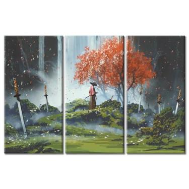 Imagem de Samurai pôsteres imagens 3 painéis arte para paredes impressões em tela Samurai e espada quarto decoração de parede esticado e emoldurado pronto para pendurar (152 cm L x 101 cm A)