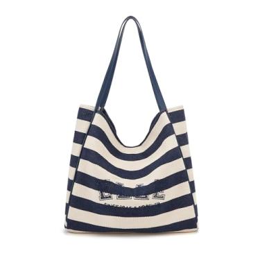 Imagem de ELLE Bolsa feminina listrada azul/branca, bolsa de ombro grande com alça superior para viagens, uso diário e lazer