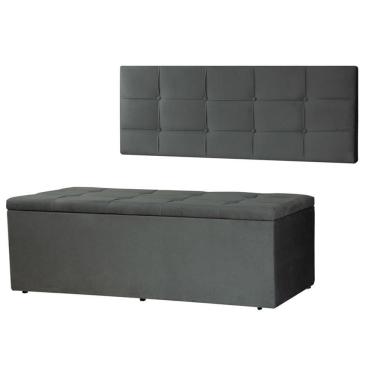 Imagem de Kit Cabeceira Painel E Calçadeira Baú Casal 1,40m Roma Suede Cinza Sky Mobile
