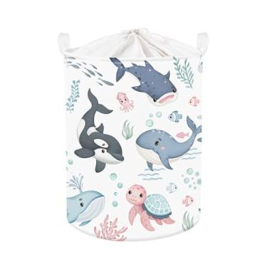 Imagem de Clastyle Cesto de roupa suja para bebês de animais marinhos, cesta de armazenamento infantil, caixa de brinquedos dobrável para quarto de bebê, baleia azul, 36 x 45 cm