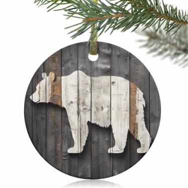 Imagem de DecorLovee Enfeites de Natal 2025, Urso Marrom Branco Vintage Redondo 7,6 cm Enfeites de Natal de Cerâmica para Amigos, Ornamento Retro Country Rústico Grão de Madeira Dupla Face Decorações de Natal