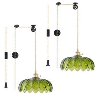Imagem de Pacote com 2 luminárias pendentes, luminária pendurada de vidro, lâmpada de suspensão verde vintage, iluminação pendente para ilha de cozinha, quarto, sala de jantar, sala de estar