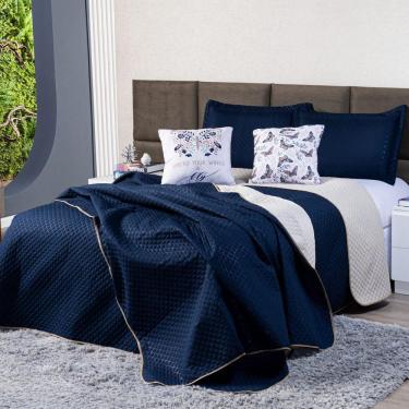 Imagem de Kit Cobre Leito Borboleta Azul Marinho/caqui Dupla Face C/ Almofadas Casal Padrão 05 Peças