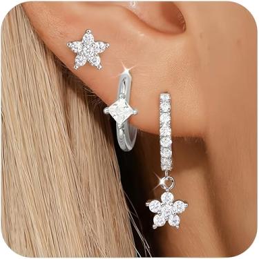 Imagem de Conjunto de brincos de argola de ouro/prata para mulheres, banhados a ouro 14K, hipoalergênicos, brincos de zircônia delicada para vários piercings, one size, Cobre, Sem pedra preciosa