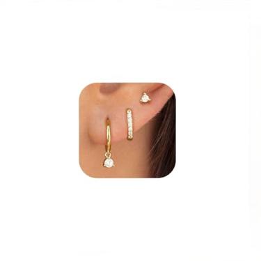 Imagem de Conjunto de 3 pares de brincos de argola banhados a ouro 14 K, brincos de cartilagem de zircônia cúbica, multi piercings, brincos de alpinista para mulheres, brincos do dia a dia, Dainty Stud Earrings