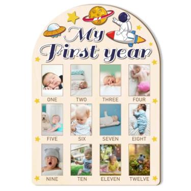 Imagem de ORIGACH Quadro de exibição de fotos My First Year Baby Growth, quadro de lembrança de madeira para recém-nascidos de 12 meses para decoração de primeiro aniversário e berçário, astronauta