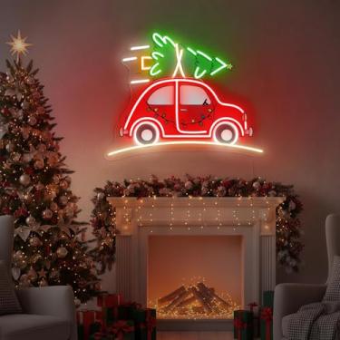 Imagem de DUOLIYBC Placa neon de transporte de árvore de carro de Natal, luz de parede de LED vintage Feliz Natal para sala de estar, decoração de cornija, festa de Natal, arte de parede festiva para casa