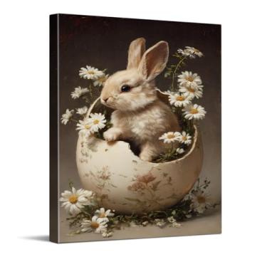 Imagem de CYFDYVT Coelhinho encantador vintage em ovo floral Páscoa impressão de arte de parede com margaridas para decoração de casa primavera quente arte em tela clássica 20 x 25 cm