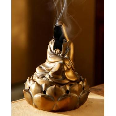 Imagem de TEAVOR Queimador de incenso zen para cone e bobina – Estátua de Buda sem rosto de cerâmica para proteção e meditação, decoração de casa para afastar a negatividade