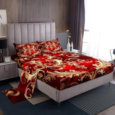 Imagem de Erosebridal Jogo de lençol casal de damasco vermelho, boêmio, vintage, floral, paisley, hippie, exótico, asteca, à prova d'água, lençol com elástico para quarto, roupa de cama de luxo elegante e