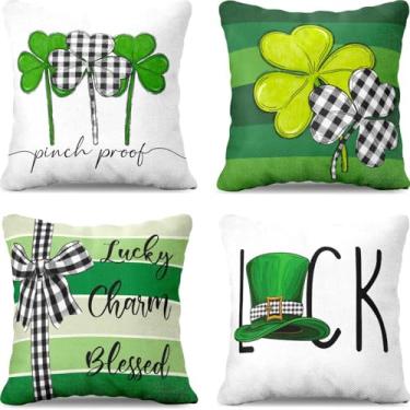 Imagem de LUVIVIHOME Capas de travesseiro de Dia de São Patrício, capas de almofada decorativas, trevo da sorte, primavera verde listrado, preto e branco, buffalo, xadrez, trevo para sofá, decoração de casa, ao