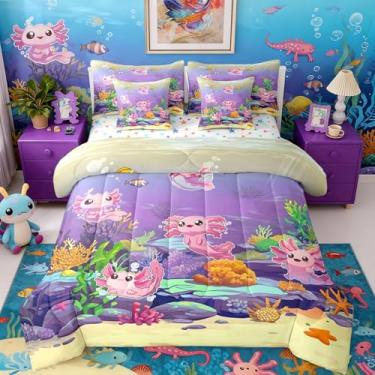 Imagem de Erosebridal Jogo de cama com estampa de axolote de desenho animado, 7 peças, oceano, réptil, axolote, salamandra, salamandra, roxo, planta aquática, coral e edredom