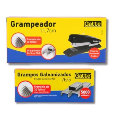 Imagem de Kit Grampeador de Metal 11,7cm com 5000 Grampos Galvanizados 26/6, Grampeia até 20 Folhas, Moderno e Resistente