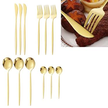 Imagem de Acouto Calhas de Aço Inoxidável Brilhante de 12 -PCs - Colheres Completas, Facas e Garfos para Casa, Restaurante, Piquenique e Especial (Ouro)