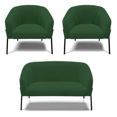 Imagem de Sofá Namoradeira E 2 Poltronas Pé De Ferro Preto Stella Veludo Verde D03 - D'rossi