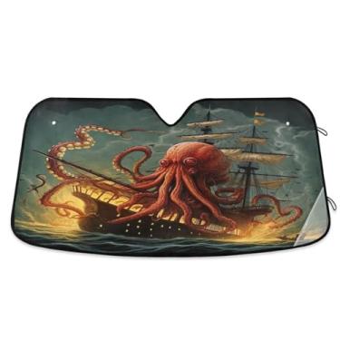 Imagem de ATTX Para-brisas para carro Sea Octopus Wave 139.7 cm x 70.1 cm Protetor solar universal com proteção UV, persiana de janela frontal automática dobrável para caminhões Sedans SUVs #803