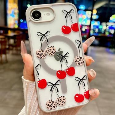 Imagem de HYUEKOKO Capa magnética para iPhone 16e [compatível com MagSafe] Linda estampa de leopardo com laço de cereja para mulheres, capa protetora translúcida à prova de choque - cinza
