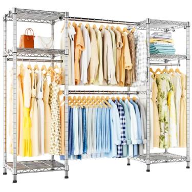 Imagem de Ulif Suporte para roupas E7, sistema de armazenamento de roupas resistentes com hastes extensíveis, suporte de metal com 6 prateleiras de arame, (132,8 cm - 182,9 cm) L x 36,8 cm P x 180,8 cm A, carga